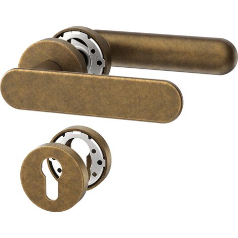 Poignée de porte intérieure bronze rétro avec rosace ronde, ensemble béquille PZ avec cylindre européen, design classique pour portes d'entrée et intérieures UK0101 (1/5)
