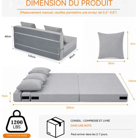HAUSPROFI Canapé convertible 4-en-1 - Mousse Haute Densité 30D, Tissu Velours Gris, 2 Coussins de Décor Inclus - Sans Montage, Style contemporain, Idéal pour petits espaces- Couchage 140 × 200 cm (1/5)