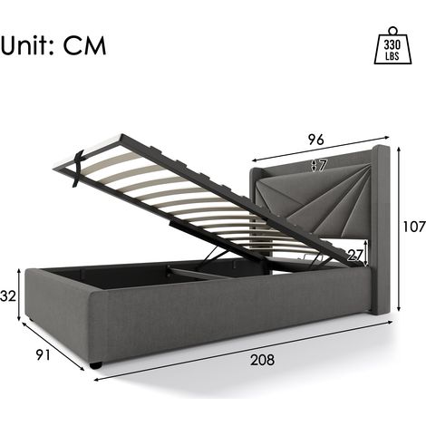 Cadre de lit 90x200 cm en lin pour adolescents, sommier intégré avec tiroirs de rangement, tête de lit équipée de ports USB-C, lit simple complet (matelas non fourni)