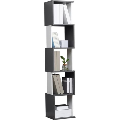 Bibliothèque moderne en bois à 5 niveaux, gain de place, 33 x 28 x 161 cm, grise et blanche pour rangement de livres, documents et objets décoratifs idéal pour salon, chambre à coucher ou bureau