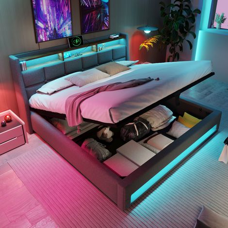 Lit coffre 140x200 LED USB en lin gris moderne HAVRYA (1/5)