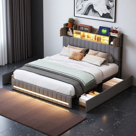 Letto matrimoniale 160x200 - Queen Size - 4 cassetti e testata con ripostiglio - LED RGB + stazione USB-C - Lino grigio