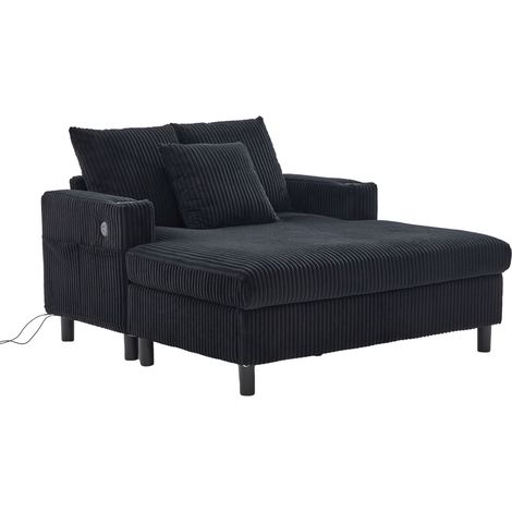 Chaise longue tapizada en terciopelo de canalé negro con portavasos, USB y LED (1/5)