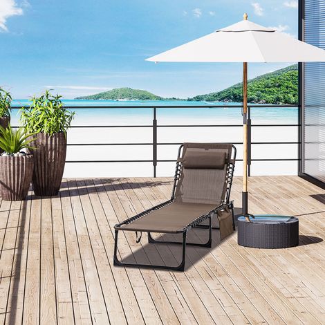Chaise longue fauteuil pliant avec coussin de cou capacité de charge de cadre en acier couverture en maille brown 120 kg