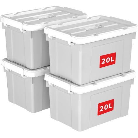 Boîte de Rangement, Bac de rangement avec Poignée, Plastique Organisateur avec Couvercle, Empilable, Transportable, pour Vêtements, Bureau, Chambre, Dortoirs, Gris, 20L - Lot de 4 (1/5)