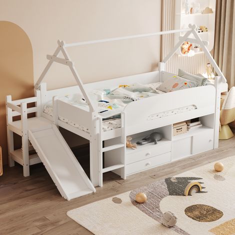 Letto a soppalco in legno massello bianco 90x200 cm con scivolo, cassetti e area gioco (1/5)
