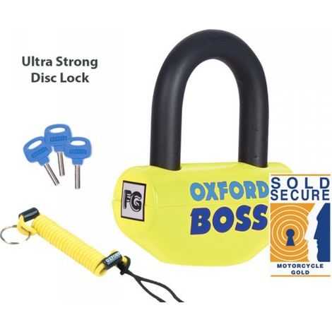 Lucchetto Oxford Boss Da Disco Giallo Serratura Rinforzata a Doppio Blocco Gancio Diametro 12,7mm Antifurto Bloccadisco