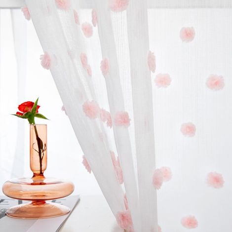 Rideaux Voilage pour Chambre d'enfant Fille Draperies Voile avec Oeillet Pompons Brodé Design Semi-Transparent Rideau pour Salon, L 140 x H 225 cm, Rose, 2 PCs (1/5)