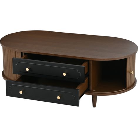 Mesa de centro 100 x 50 x 36 cm con 2 cajones y 2 puertas correderas, nogal y negro, HOMVRA (1/5)