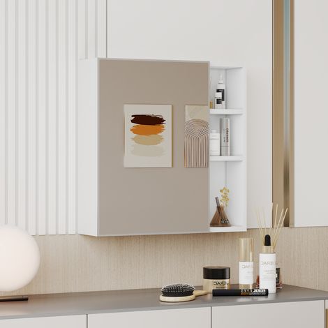 55 × 56 cm monté au mur, panneau HDF blanc   Porte en verre miroir de sécurité, espace de rangement compartimenté   miroir HD épaissi, idéal pour salle de bains / salle de maquillage (1/5)