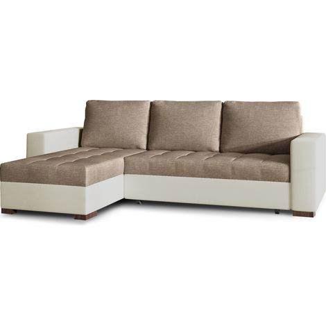 Canapé d'angle convertible et réversible tissu marron clair et simili cuir beige Zelly 237cm (1/5)