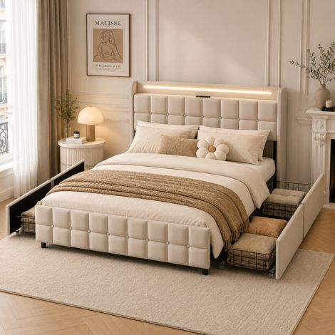 Lit coffre 140x200 avec Sommier LED réglables et chargement USB, lit adulte, lits 2 Personnes ,lit avec 4 tiroirs, lit coffre en coton, lit rembourré, beige, lin (1/5)