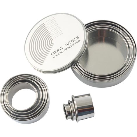 Ensemble 12 emporte-pièces ronds inox, pour biscuits et gâteaux, avec boîte de rangement (tailles variées) (1/5)