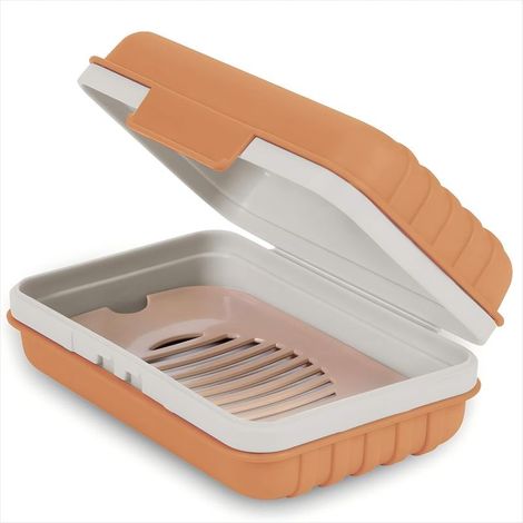 Seifenschale, 1 Stück, Seifenbox mit Deckel, tragbare Seifenbox für Dusche, Reisen und Camping, auslaufsicher, Reisegröße, orange (1/4)