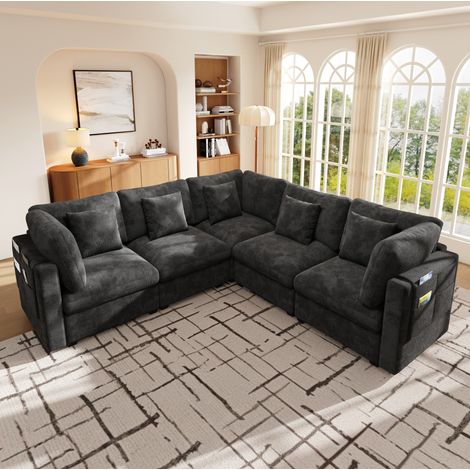 Divano angolare modulare a 5 posti 226x226 cm con tasche laterali e 5 cuscini, in ciniglia, per soggiorno - grigio (1/5)