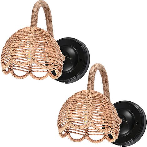 Lot de 2 applique murale artisanale en rotin tressé, style bohème, avec interrupteur, lumière chaude, douille E27 (1/4)