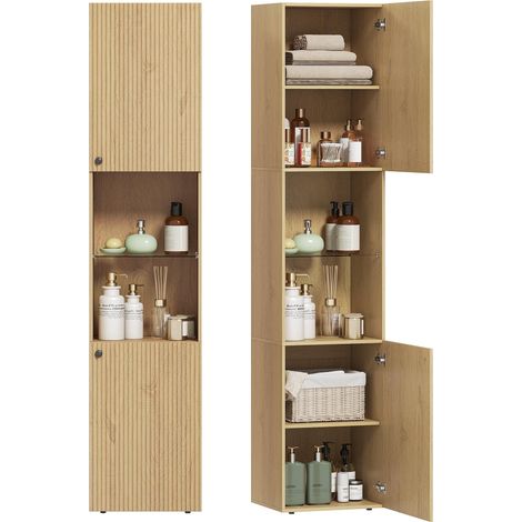 Armoire salle de bain haute, meuble de rangement colonne 6 niveaux 2 portes et étagères réglables, 40x31x182cm, chêne