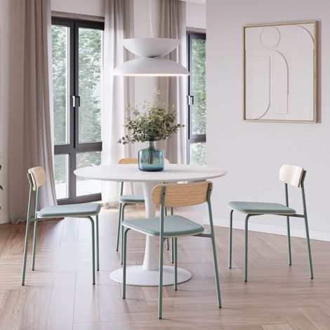 Table ronde blanche + 4 chaises bois et métal aigue-marine - CANTIQUE (1/5)