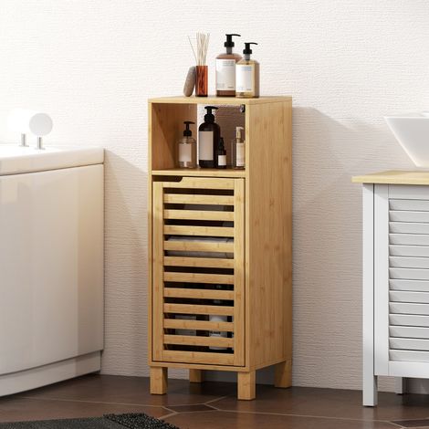 Meuble de salle de bain HOMCOM, étagère ouverte, armoire, bois de bambou, porte à lattes, marron clair