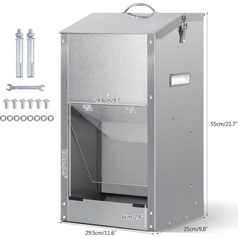 Distributeur de croquettes automatique pour chien en acier inoxydable, capacité 25 lbs, installation murale ou au sol pour intérieur et extérieur