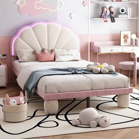 Lit enfant LED 90x200 cm, lit jeune avec tête de lit et sommier à lattes en bois, velours, beige + rose, (sans matelas) (1/5)