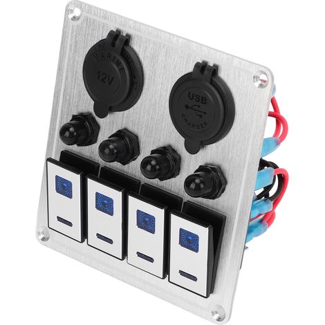 Panneau de 4 interrupteurs à bascule étanches pour bateaux et applications marines, finition argent oxyde, avec double témoin lumineux bleu. (1/5)