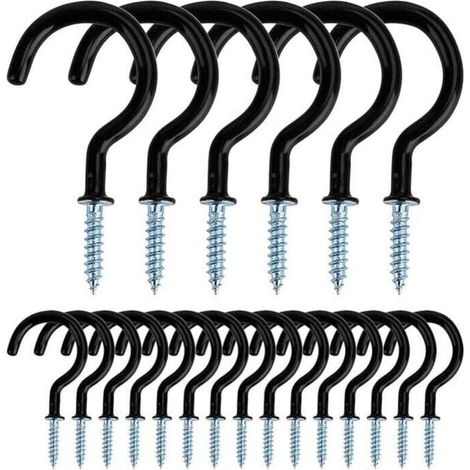 Crochets de plafond métalliques à visser, pour une utilisation intérieure et extérieure, pour suspendre tasses, pots, lampes, cordes, 20 pièces (noir)
