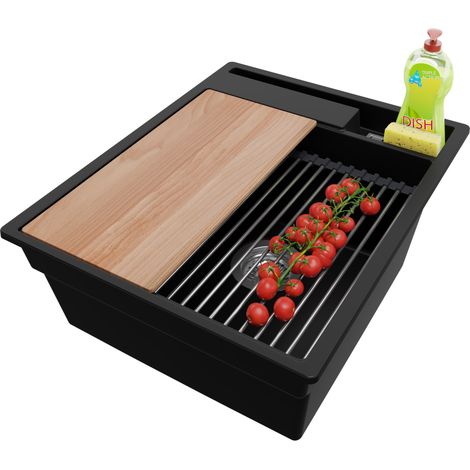 PRIMAGRAN Evier Cuisine en Granit 43x53cm, Lavabo 1 bac + Kit de Vidage + Accessoires, Évier à Encastrer au meuble 45cm - Oslo Pocket, Noir (1/5)