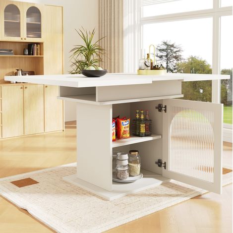 Mesa de comedor extensible 110-140 x 80 x 76 cm con almacenaje, blanca DESVIAE (1/5)