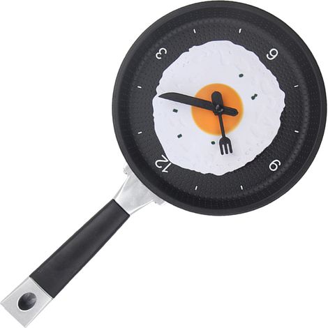 Horloge murale en ABS forme de poêle à frire œuf sur le plat, silencieuse, à piles, pour chambre salon cuisine, noire (1/5)