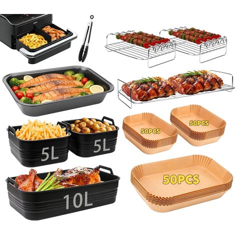 Lot de 19 accessoires pour friteuse à air chaud Dual Blaze 10 l et AF500EU Foodi Flexdrawer 10,4 l, insert en silicone pliable sans BPA, 1 x 10 l, 2 x 5 l moule en silicone et grille de (1/5)