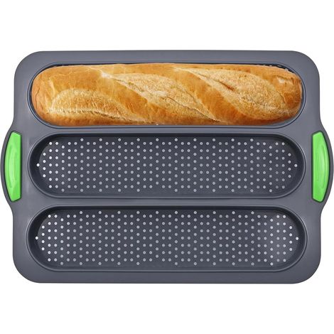 Molde de silicona para baguettes: Molde de alta calidad con tres compartimentos, ideal para hornear baguettes, perritos calientes y panecillos, fabricado en silicona antiadherente. (1/5)