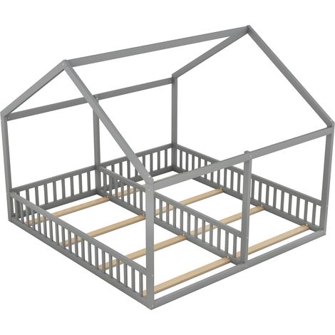 Cama cabaña infantil doble 90 x 200 cm gris con barrera, madera de pino y MDF (1/5)