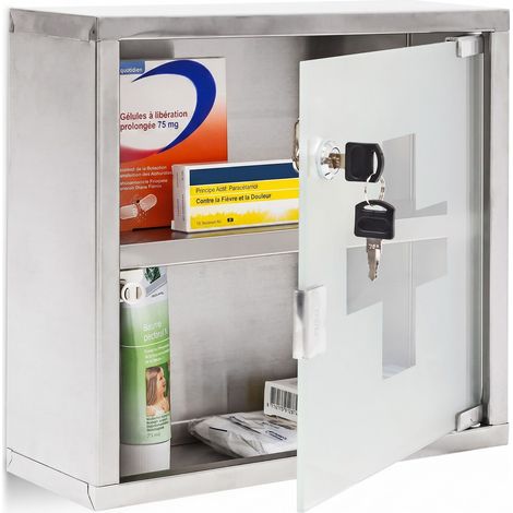 Relaxdays Armoire à Pharmacie EMERGENCY Inox Porte en Verre Rangement H x l x P: 30 x 30 12 cm Remèdes Moderne Salle bain, gris (1/5)