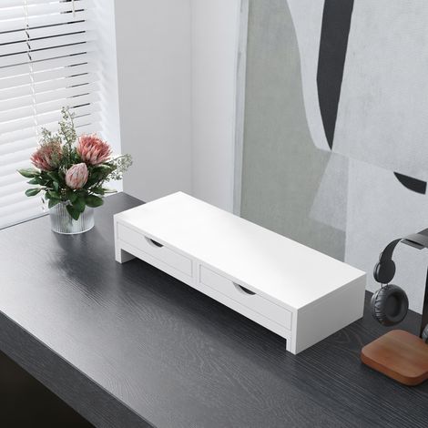 Rehausseur écran PC bureau support d'écran d'ordinateur de 60-116 cm avec 2 tiroirs, longueur et angle réglables (1/5)
