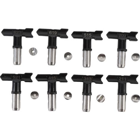 8 set di ugelli per verniciatura airless, ugelli 209 211 313 415 515 521 619 623, neri. (1/5)