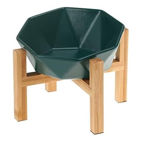 Gamelle incliné vert pour Chien et Chat Céramique avec Support en Bambou
