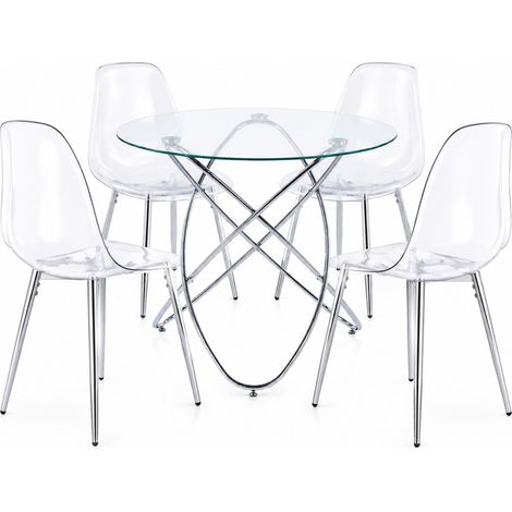 CHICFURN Conjunto mesa de comedor 1 mesa 4 sillas Ø80x75 cm vidrio y metal acabado cromado (1/5)