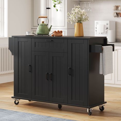 Carrello Da Cucina con 4 Ante 1 Cassetto e Piano Ribaltabile, Portasciugamani Laterali, in MDF, 120x45(70)x95 cm, Nero