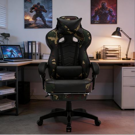 Silla gaming reclinable con reposapiés PU negro OKMYHOME (1/5)
