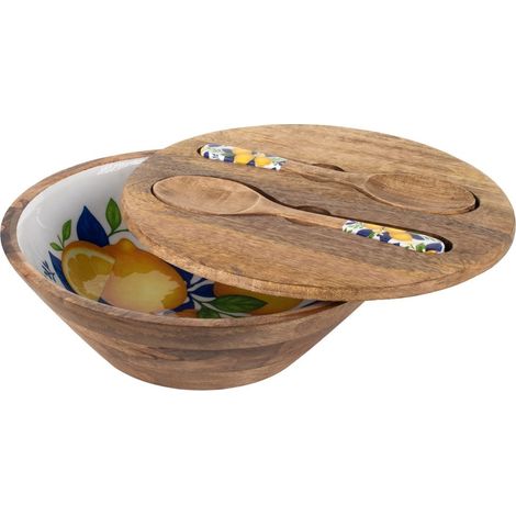 Ensaladera de madera de mango con limones y cubiertos 30 cm (1/2)