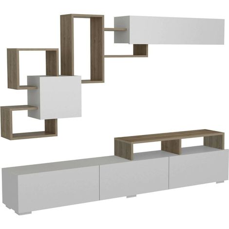 Dmora - Parete attrezzata Thalassa, Composizione soggiorno, Mobile salotto multiuso, Armadio porta TV, 210x37h47 cm, Bianco e Noce, con imballo rinforzato, con imballo rinforzato (1/5)