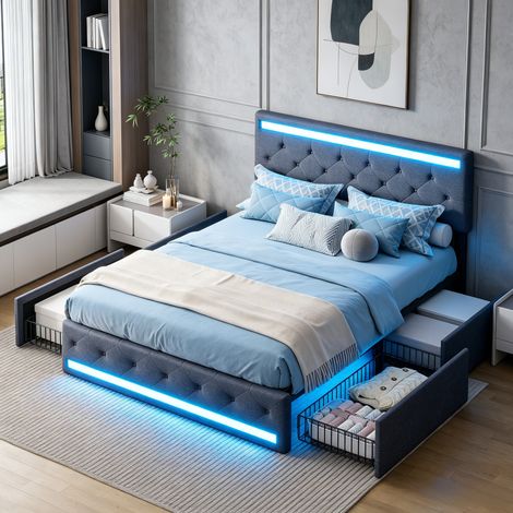 JOOKGBD-Lit Double 140x190 cm,Lit rembourré 140x190 cm avec LED et Prise USB,Lit Adolescent avec 4 Tiroirs de Rangement,Lit  avec et sommier à Lattes,pour Adultes et Adolescents,Lin,Gris foncé
