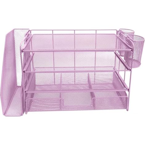 Desk Organizer, Office Storage, Paper Sorter, Document Holder, Supplies Rack, 4-Tier Metal Mesh Shelf with Compartments, Pink (1/5)