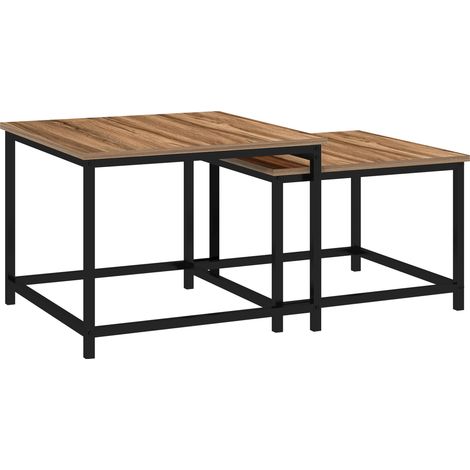 Set de 2 tables basses style industriel avec plateau effet bois et structure en acier noir (1/5)