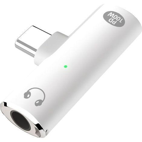 Blanc,Adaptateur de Casque USBC Charge Rapide 2 en 1 100 W et Adaptateur Audio 3,5 mm pour téléphones de Type C (1/5)