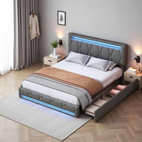 Cama 140x190 cm, GY090, LED RGB, moderna, cama para adultos, marco de cama doble 140x190 cm, cama para 2 personas, lino, gris (1/5)