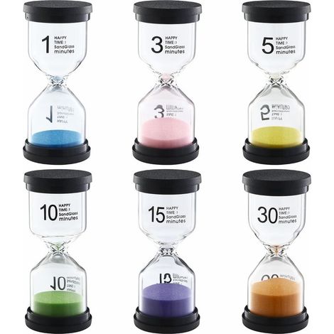 Lot de 6 sabliers colorés pour enfants 1/3/5/10/15/30 minutes, adaptés pour la vie quotidienne, l'apprentissage, le jeu, la cuisine, le bureau et la décoration scolaire (1/5)