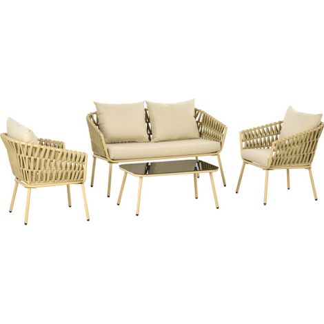 Ensemble meuble de jardin rotin 4 pièces, coussins inclus, kaki, adapté pour patio et jardin, meuble extérieur design moderne pour balcon