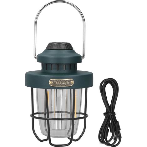 Lanterne de camping rechargeable USB, rétro verte, étanche IPX4, 3 modes lumière, ABS robuste, crochet intégré, autonomie 12h (1/5)